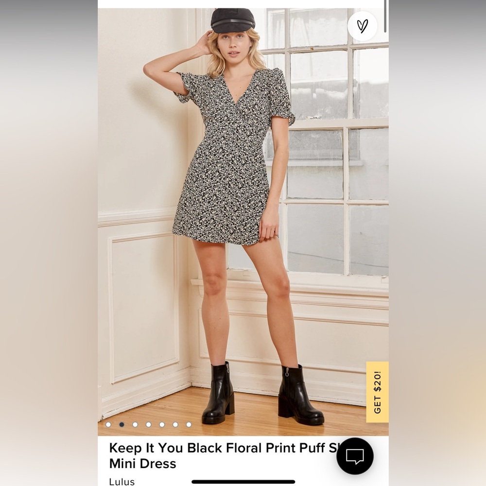 Lulu’s keep it you black floral print puff sleeve mini dress